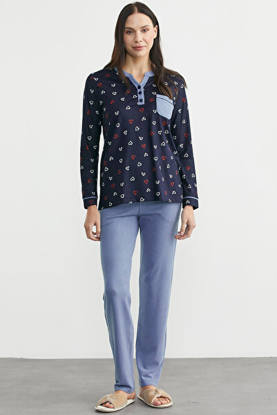 Sementa Patterned Collar Detailed Pajama Set - Navy Blue