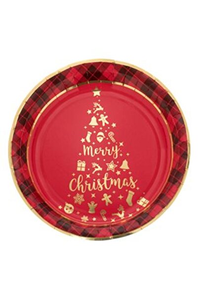 SHOPIENS Farfurii de hârtie pentru petrecere de Crăciun, cu model roșu în carouri și folie aurie, brad „Crăciun fericit”, 23 cm - 6 buc.