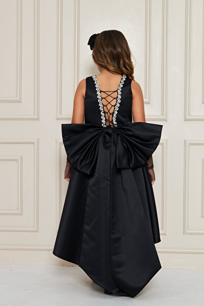 zühre balaban siyah önü kısa eldivenli taşlı kız çocuk abiye elbise