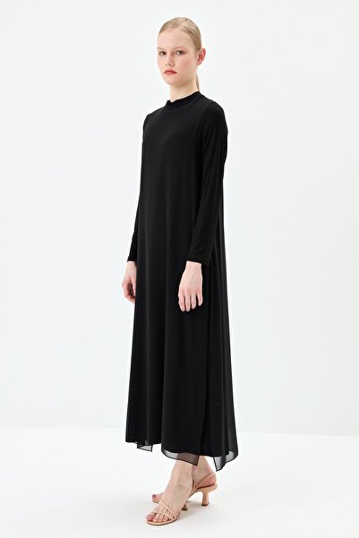 Nihan Önü Şifonlu Penye Elbise Siyah