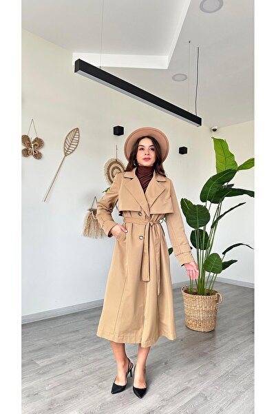 modadagiyim Women's Double-Breasted Collar Waist-Tied Belted Premium Trench Coat