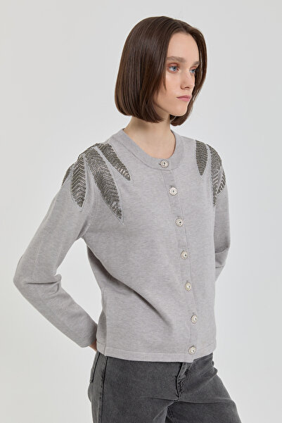 Nihan Omuzları Taşlı Kısa Triko Hırka Gri