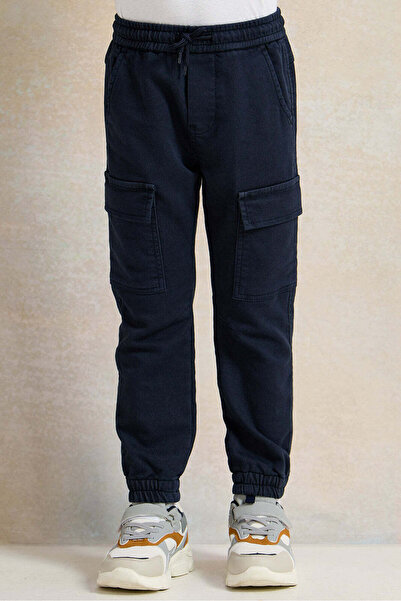 REDTAG Boys Navy Knitted Denim Cargo Pocket Jogger