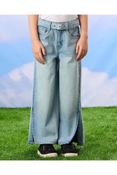 REDTAG بنطلون جينز أزرق أرجل واسعة للبنات مع فتحات جانبية