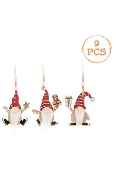 Craciun Set of Wooden Gnome Figurines Christmas Tree Ornaments with 3 Red White Models 7cm - 9pcs