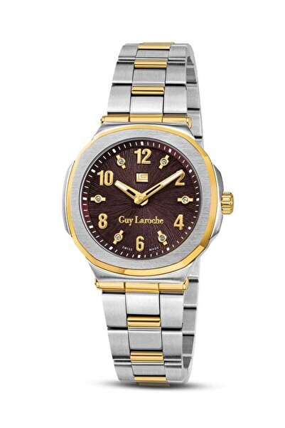Guy Laroche Charlie 33mm Ladies Swiss Quartz Watch, Brown Swirl Sunray Dial, Gold-Plated Bracelet