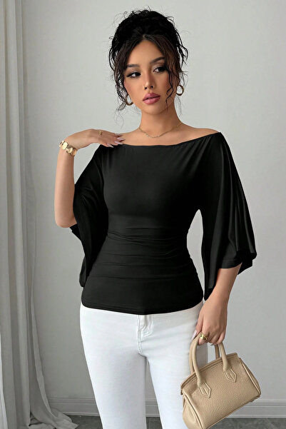 COOL TARZ Women's White Boat Neck Flare Sleeve Draped Fit Blouse