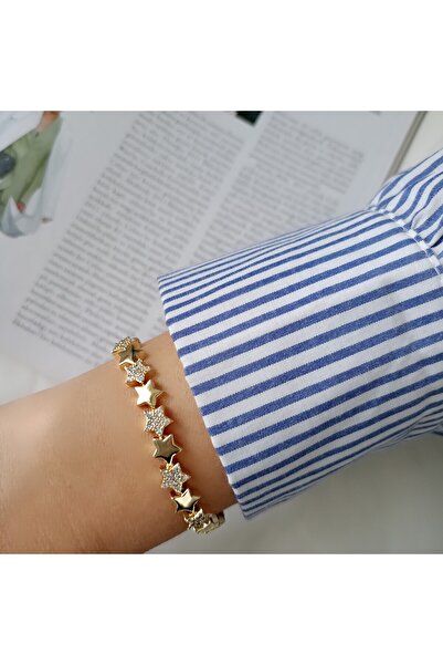 LENTE AKSESUAR 14K Altın Kapmala Zirkon Taşlı Parlak Yıldız Kadın Bileklik