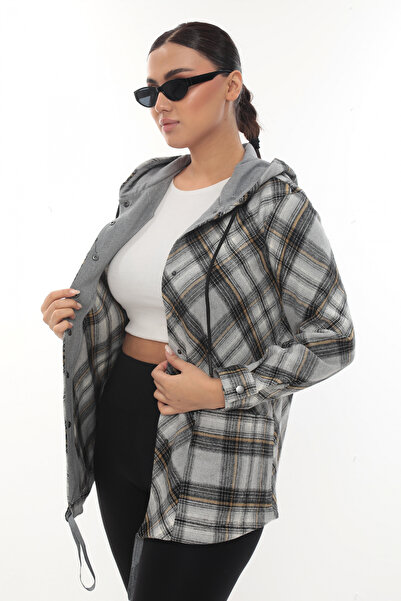 Lady Majestic Büyük Beden Rahat Kalıp Kapüşonlu Oduncu Kadın Gömlek Hırka