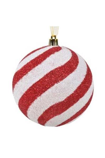 SHOPIENS Коледна украса за елха - червена топка с бонбонени райета и брокат Ø...