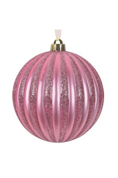 SHOPIENS Ornament de Crăciun pentru brad - Glob roz mat cu dungi și sclipici ...