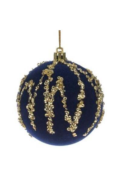 SHOPIENS Ornament de Crăciun din catifea - Albastru cu paiete aurii Ø9 cm