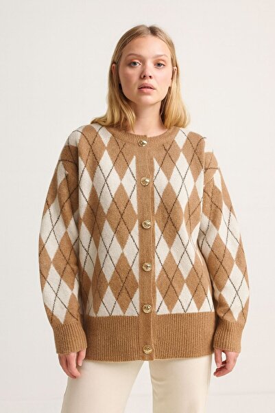 Sfg Life Moda Women's Diamond Patterned Jacket Cardigan with Gold Buttons on the Front