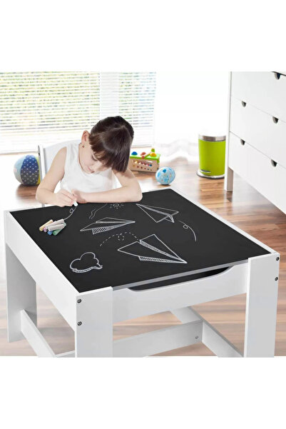 GINGER HOME Table set with 2 wooden chairs with storage space and chalkboard White/Grey