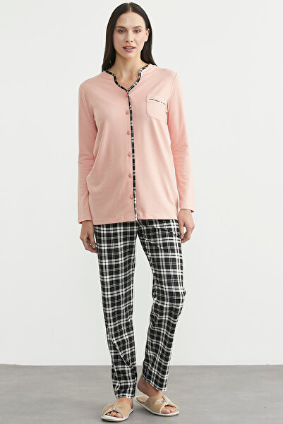 Sementa Plaid Combination Buttoned Pajama Set - Salmon