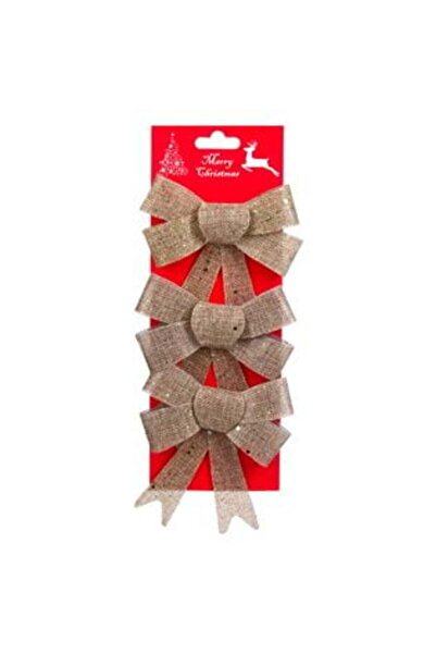 SHOPIENS Ornament de Crăciun cu fundă bej din in și sclipici 12 x 13 cm - 3 buc