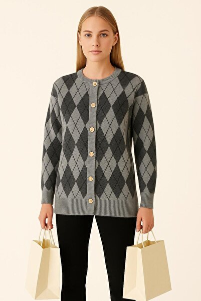 Sfg Life Moda Women's Diamond Patterned Jacket Cardigan with Gold Buttons on the Front