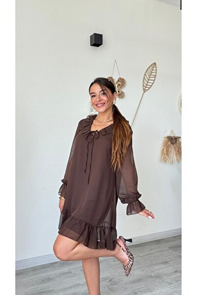 modadagiyim Very Stylish Above-Knee Dress with Gathered and Sleeve Detailing, Ruffled Tie-Up, and Chiffon Lining