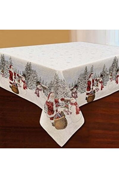 SHOPIENS Ecru Christmas Tapestry Tablecloth with Santa Claus and Snowman - 180 x 140 cm