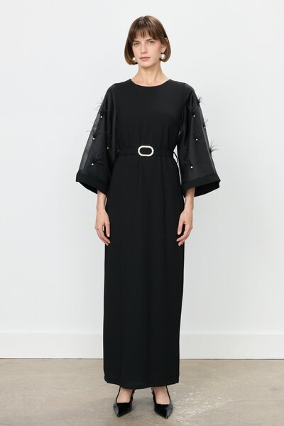 Nihan Kolları Organze Taş Kemerli Elbise Siyah