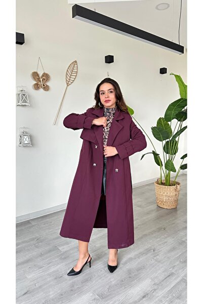 modadagiyim Women's Double-Breasted Collar Waist-Tied Belted Premium Trench Coat