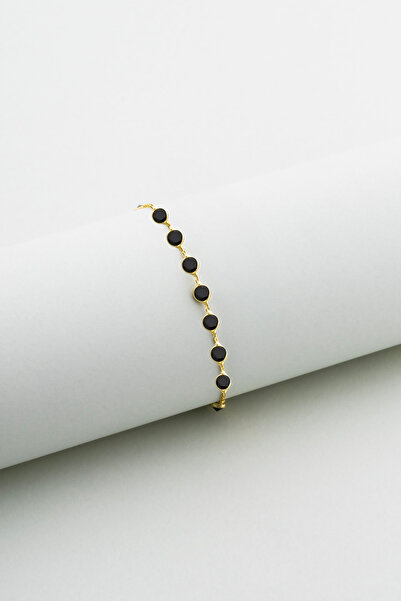 So CHIC... Siyah Işıltı 18 Ayar Sarı Altın Kaplama 19 Cm Gümüş Bileklik