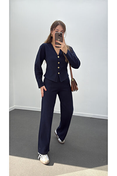 Narferita طقم كارديجان وبنطلون تريكو بأزرار ذهبية من فريا