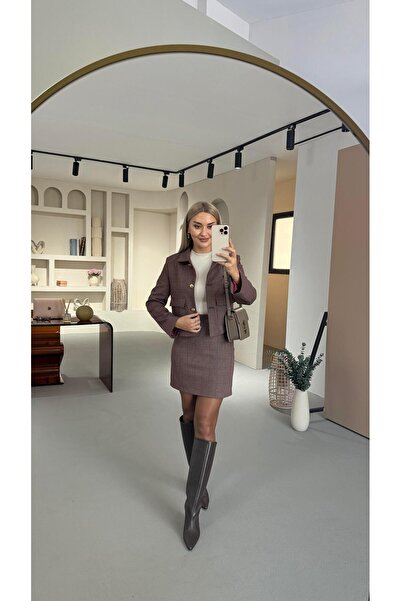 Sezgi Tekin Burgundy Houndstooth Pattern Skirt