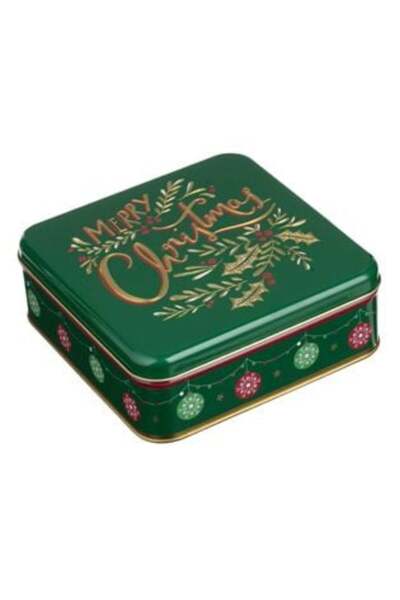 SHOPIENS Square Green Embossed Christmas Metal Food Tin 17 x 17 x 6 cm