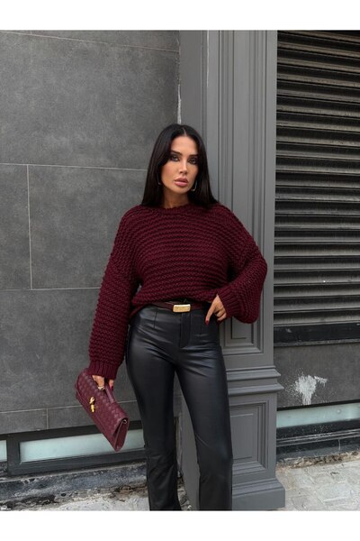 LE CARAMBOLE Pulover de damă, roșu Claret, cu decolteu rotund, tricotaj supradimensionat