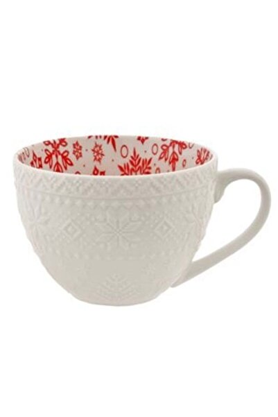 SHOPIENS White Porcelain Mug with Knitted Pattern & Red Snowflakes 500 ml