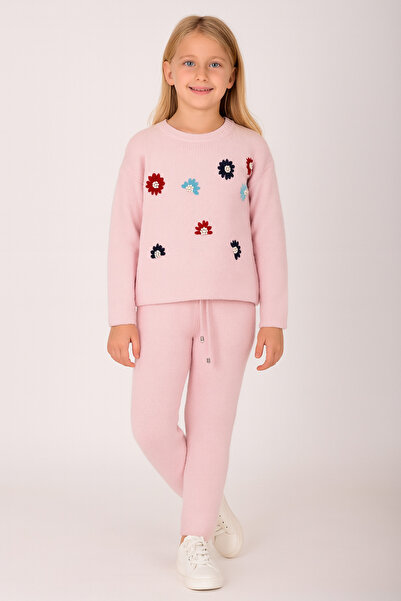 Minora Tricotaj pudrat pentru fete, set de 2 piese cu broderie florală, 6-9 ani