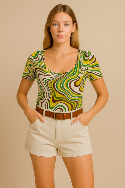 LACHT Women's U Neck Short Sleeve Ecru Cream Pattern Blouse