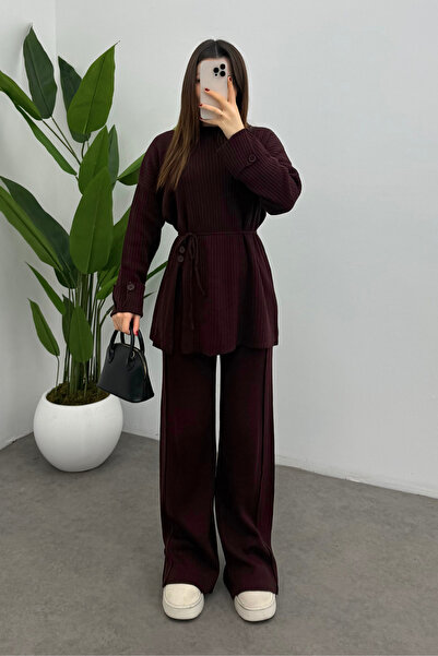 Bipantolon Women's Burgundy Waist-Tied Button Detailed Corded Fabric Knitwear Sweater Trousers Two-Piece Set