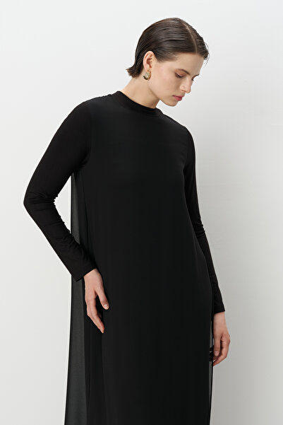 Nihan Önü Şifonlu Penye Elbise Siyah