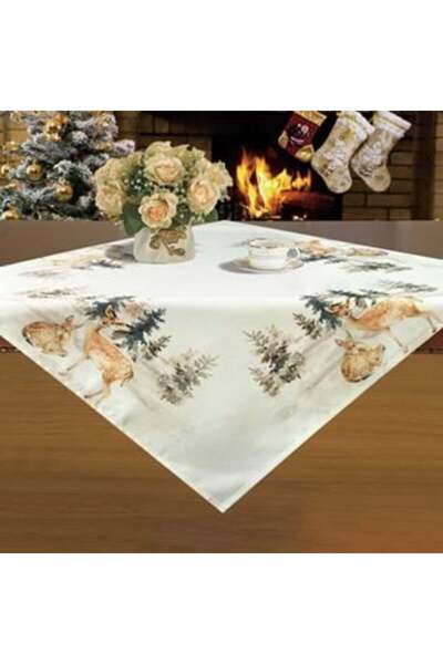 Silver Star Față de masă decorativă de Crăciun albă cu model de căprioare, pă...