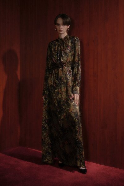 Nihan Kuşaklı Jakar Elbise Haki