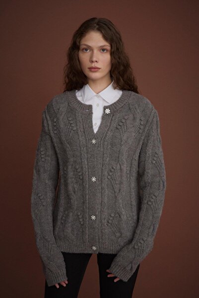 Nihan Taş Düğmeli Saç Örgülü Triko Hırka Antrasit