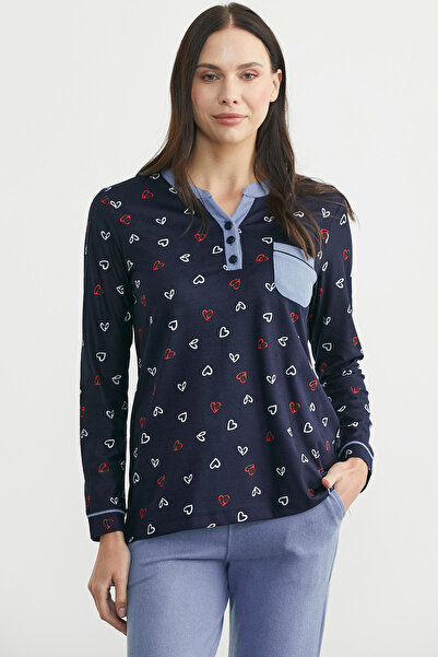 Sementa Patterned Collar Detailed Pajama Set - Navy Blue