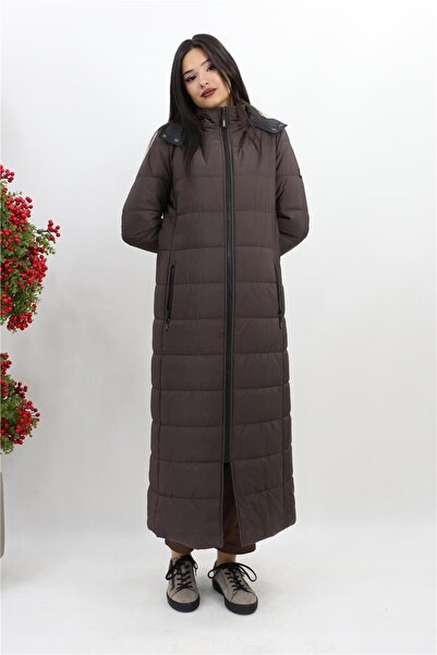 Doque Seyyar Kapüşonlu Tam Boy Kaban - Kahve