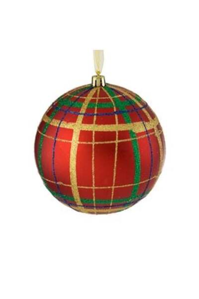 IRO Christmas Tree Ornament - Matte Red Bauble with Checkered Glitter Pattern Ø12 cm