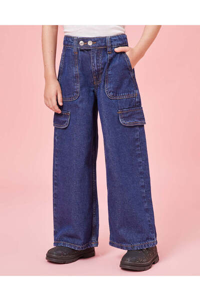 REDTAG بنطلون جينز أرجل واسعة بغطاء جانبي أزرق داكن للبنات