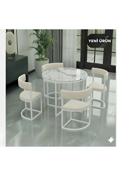 EDMONDA EV AKSESUAR MELİS BEYAZ METAL 90 CM ÇAP YUVARLAK YEMEK MASASI TAKIM 4...