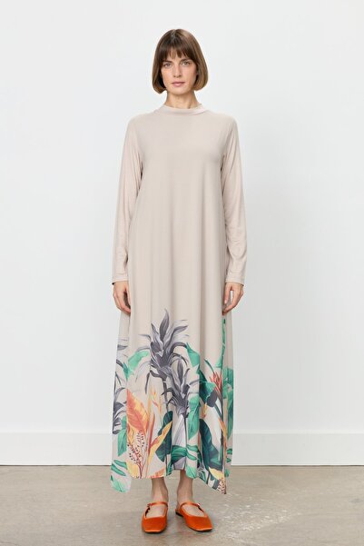 Nihan Şifonlu Çiçek Baskılı Elbise Taş