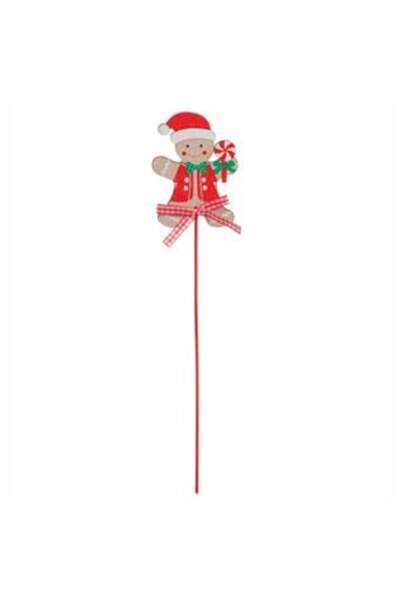 SHOPIENS Wooden Christmas Decoration - Gingerbread Man on a Stick with Checked Bow, 30 cm