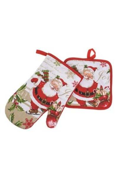 SHOPIENS Set Oven Glove and Kitchen Napkin - Christmas White Red Santa - 2 pcs
