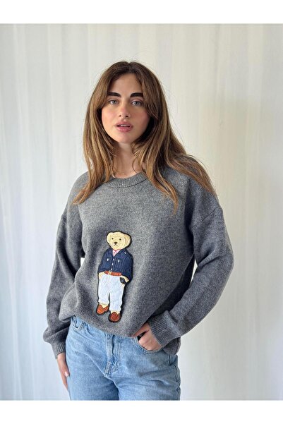 Retrobird Teddy Bear Embossed Knitwear Sweater Women's Gray