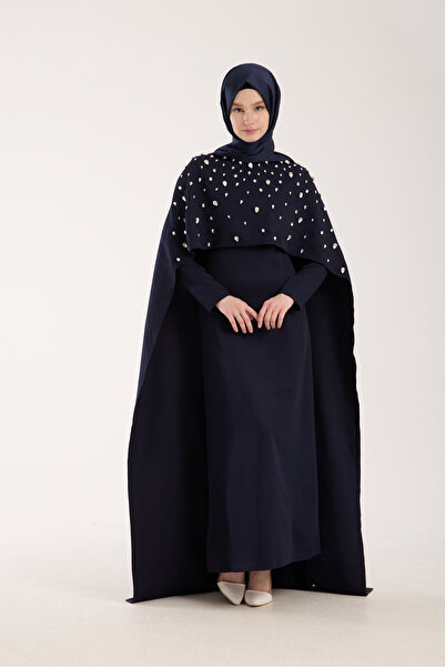 Marles Women's Hijab Evening Dress – Navy Blue with Stone Embellished Cape on the Front
