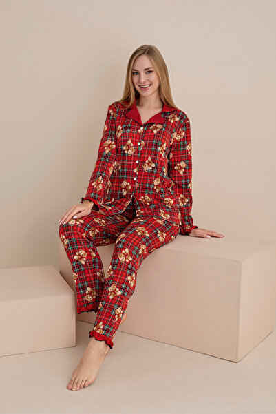 rindahomewear Women's Printed Milan Knitted Long Sleeve Buttoned Pajama Set with Ruffle Detail on Sleeves and Legs