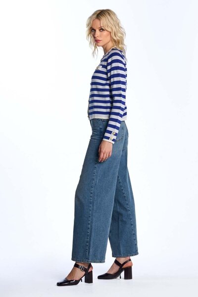 SHERIN albastru cobalt Pulover tricotat cu dungi cu detaliu cu nasturi